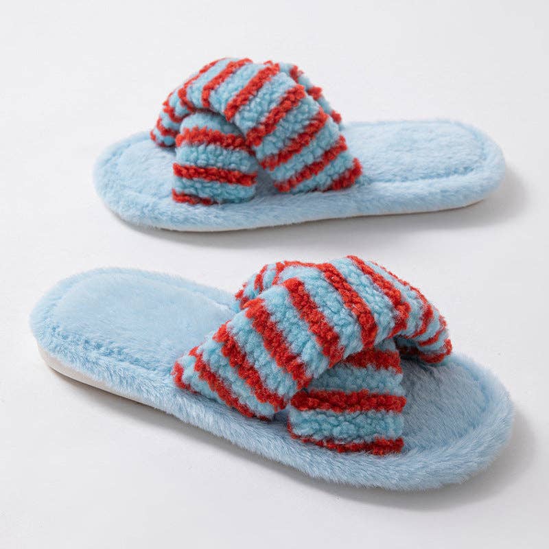 Striped Cross Color Block Soft Plush Slippers 6W8FSP197: Pink / M