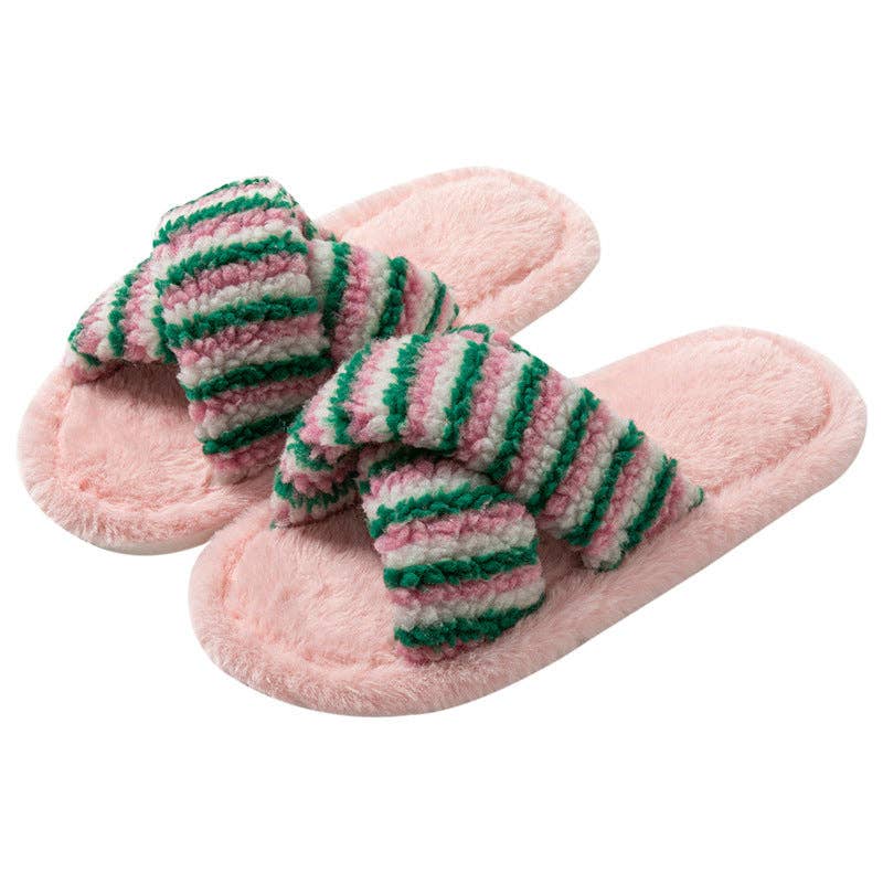 Striped Cross Color Block Soft Plush Slippers 6W8FSP197: Pink / L