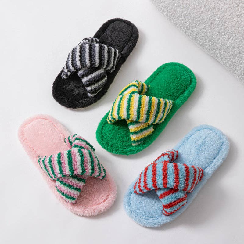 Striped Cross Color Block Soft Plush Slippers 6W8FSP197: Pink / M