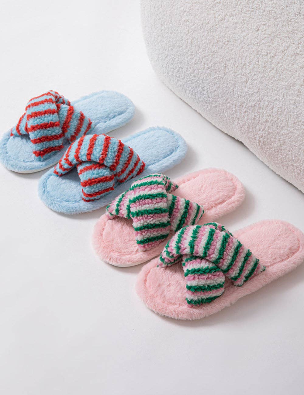 Striped Cross Color Block Soft Plush Slippers 6W8FSP197: Pink / M