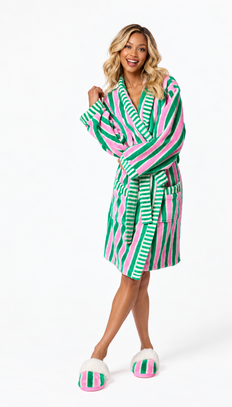 Pink & Green Striped Plush Robe