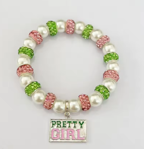 Pretty Girl Pink & Green Pearl Charm Bracelet