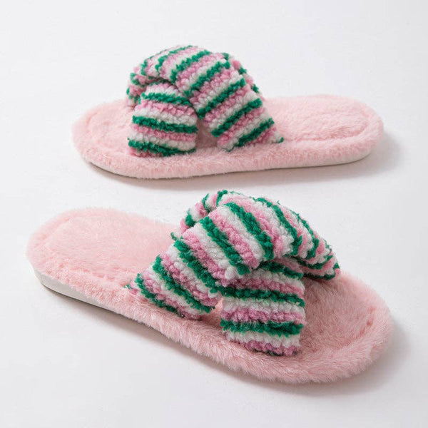 Pink and Green Striped Soft Plush Slippers