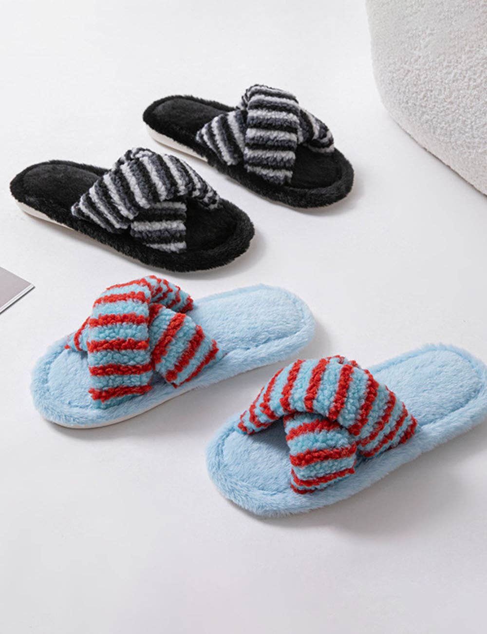 Striped Cross Color Block Soft Plush Slippers 6W8FSP197: Pink / M