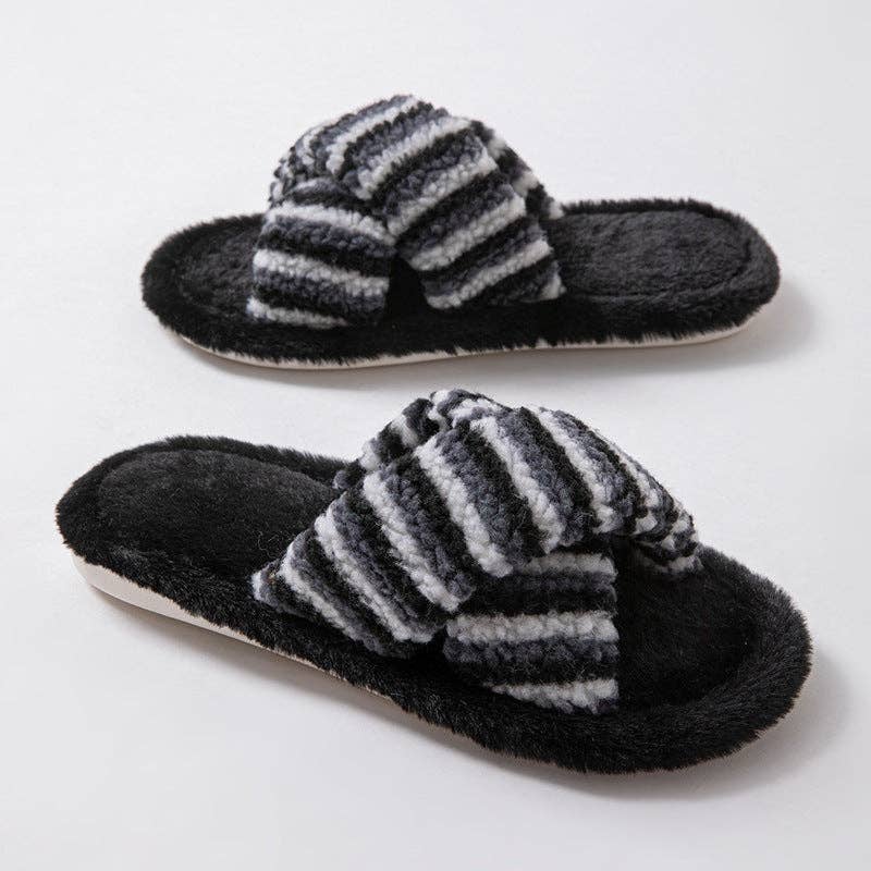 Striped Cross Color Block Soft Plush Slippers 6W8FSP197: Pink / M