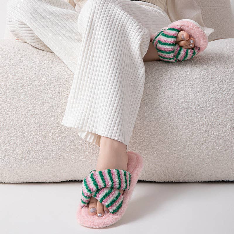 Striped Cross Color Block Soft Plush Slippers 6W8FSP197: Pink / L