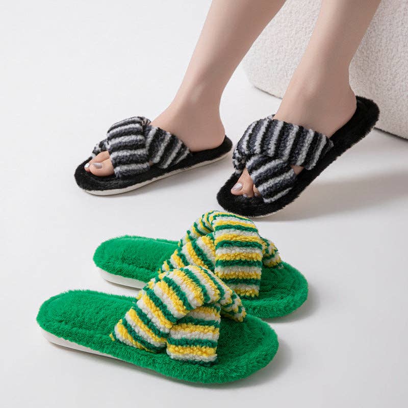 Striped Cross Color Block Soft Plush Slippers 6W8FSP197: Pink / L