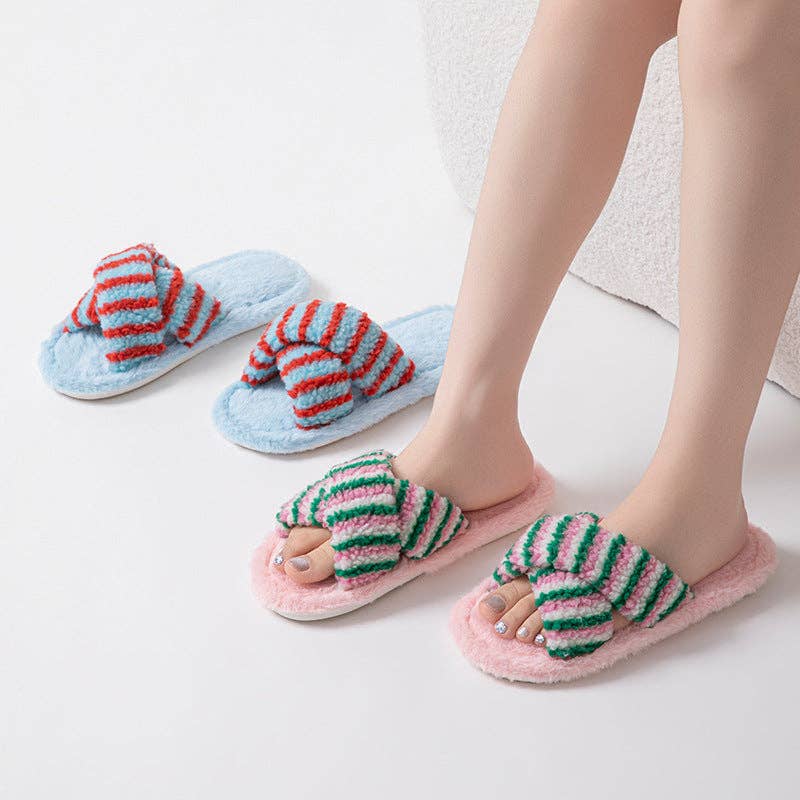 Striped Cross Color Block Soft Plush Slippers 6W8FSP197: Pink / L