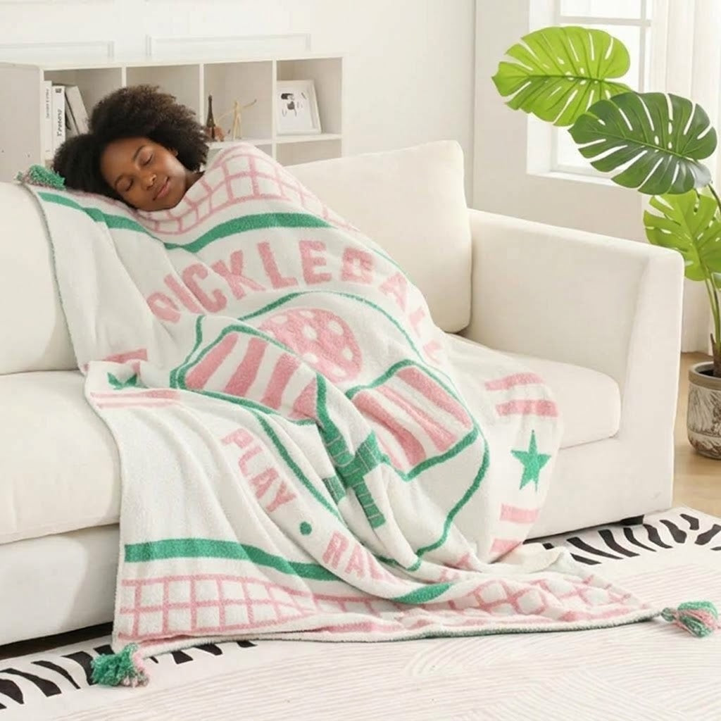 Pink and Green Pickleball Reversible Throw Blanket