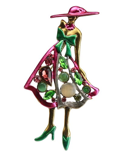 Rhinestone Sisterhood Pin: Pink &amp; Green Crystal Silhouette