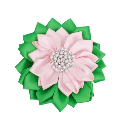 Alpha Kappa Alpha Inspired Satin Flower Brooch Pearl and Crystal Pink and Green