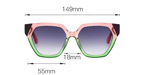 Pink and green sunglasses with UV protection.