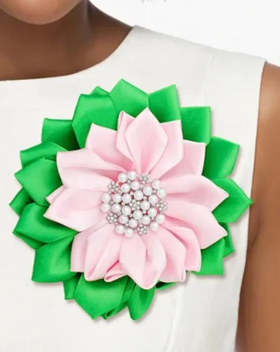 Alpha Kappa Alpha Inspired Satin Flower Brooch Pearl and Crystal Pink and Green