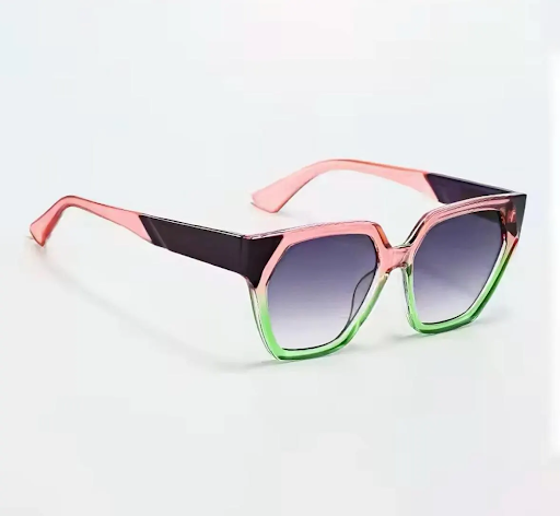 Pink and green sunglasses with UV protection.