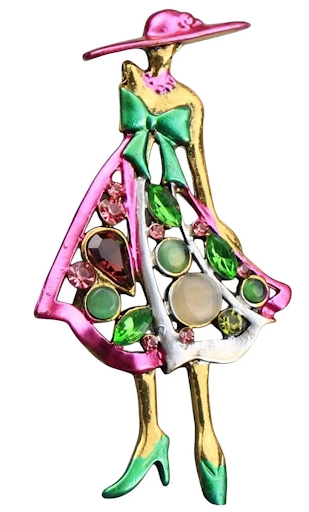 Rhinestone Sisterhood Pin: Pink &amp; Green Crystal Silhouette